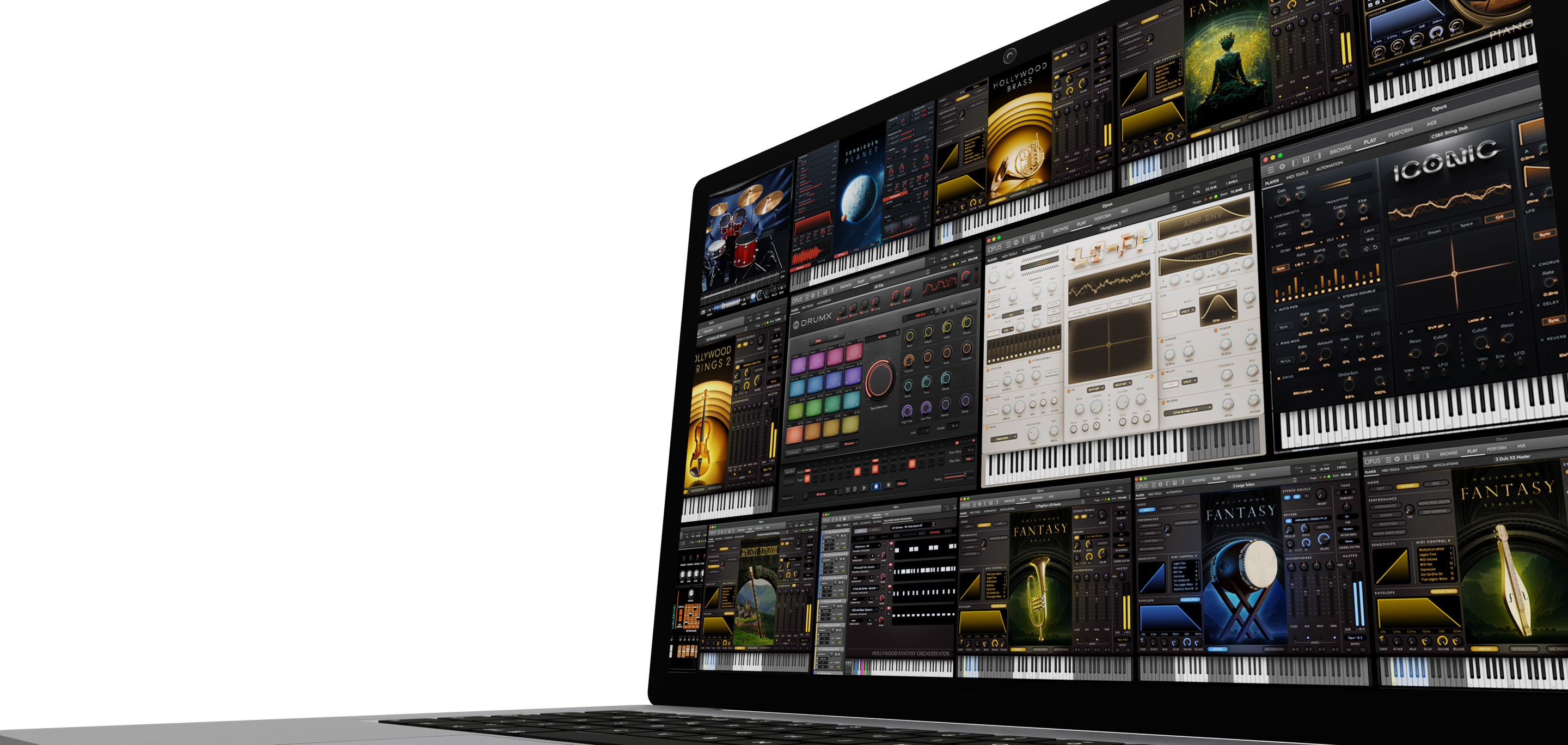 MacBook displaying the EastWest ComposerCloud+ virtual instrument collection — 43,000+ instruments for composers, producers, and creators