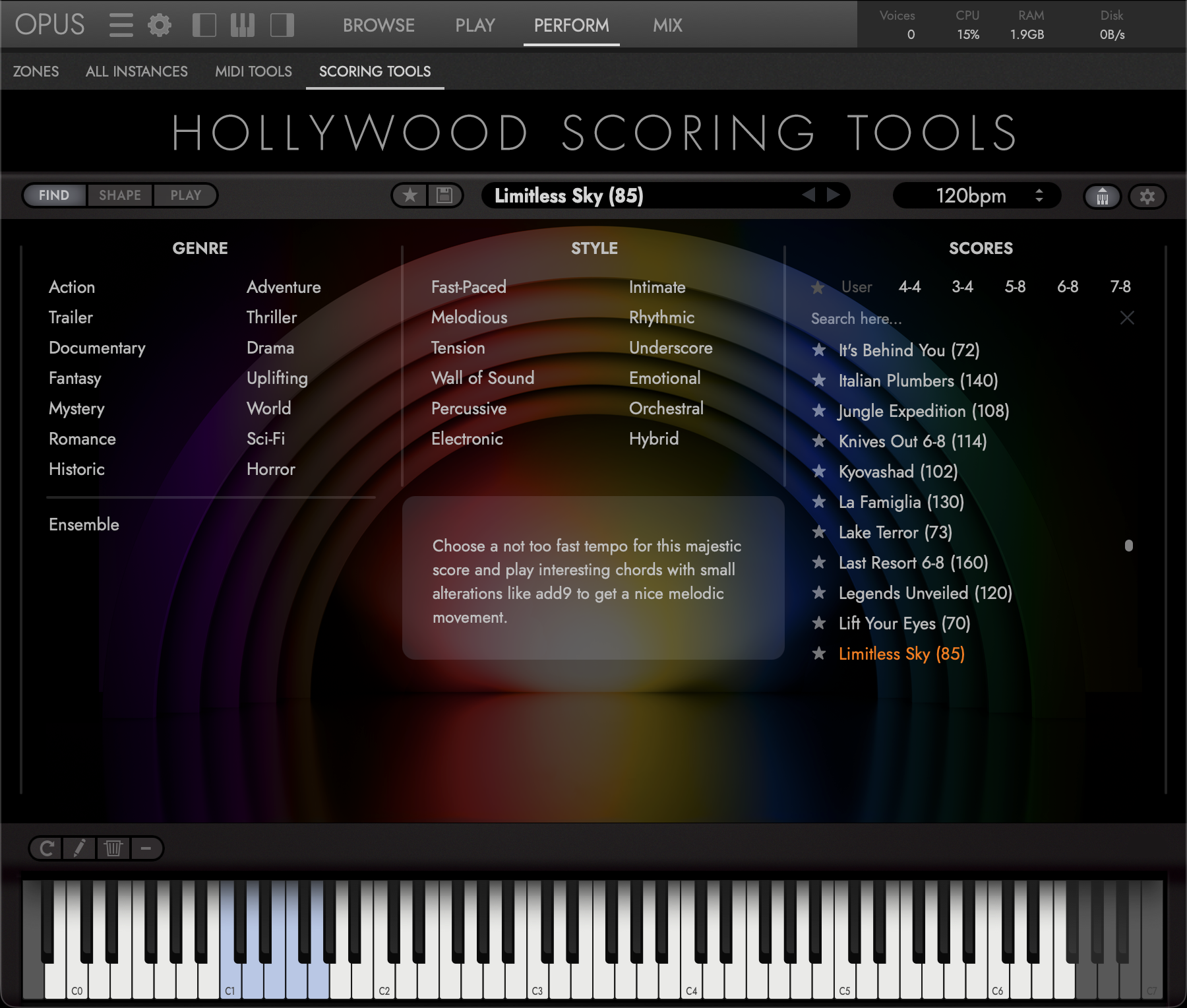 Hollywood Scoring Tools &mdash; the Find page, browsing Scores by Genre, Style and time signature