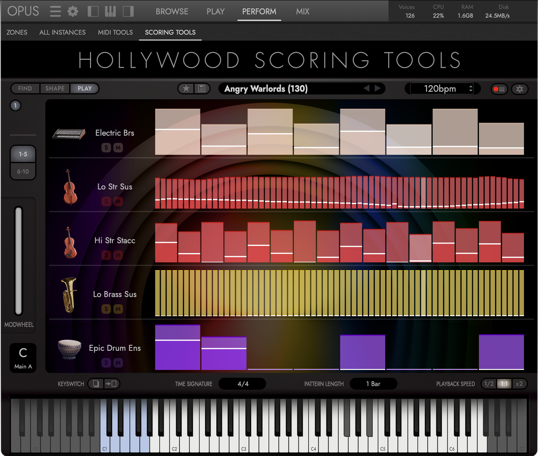 Hollywood Scoring Tools &mdash; the Play page, a Score performing across its instrument slots