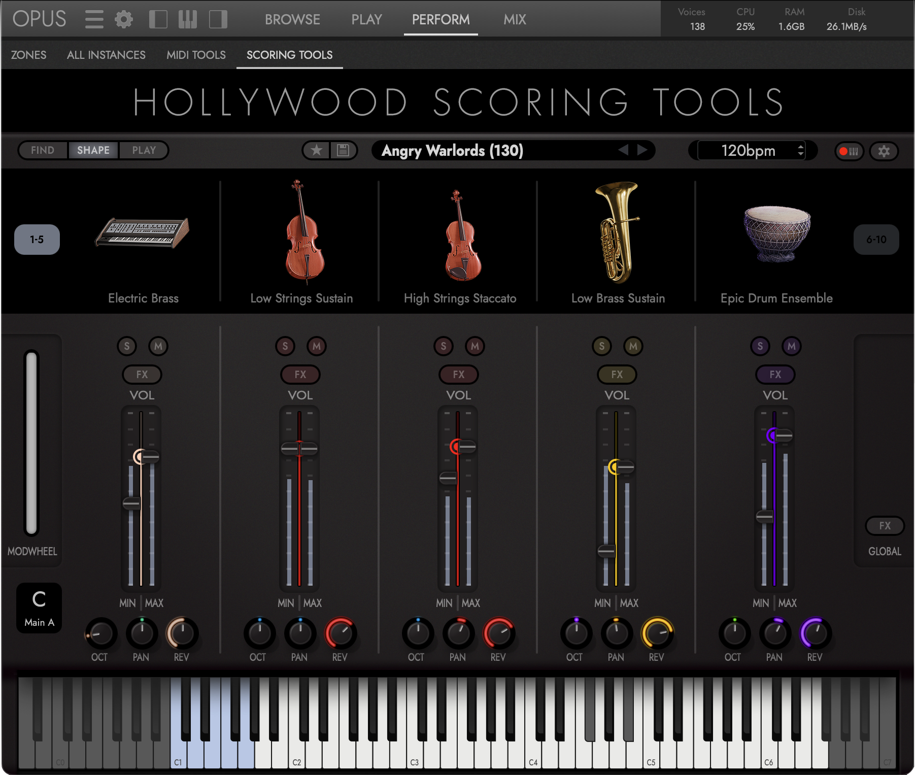 Hollywood Scoring Tools &mdash; the Shape page, Angry Warlords loaded across five instrument slots