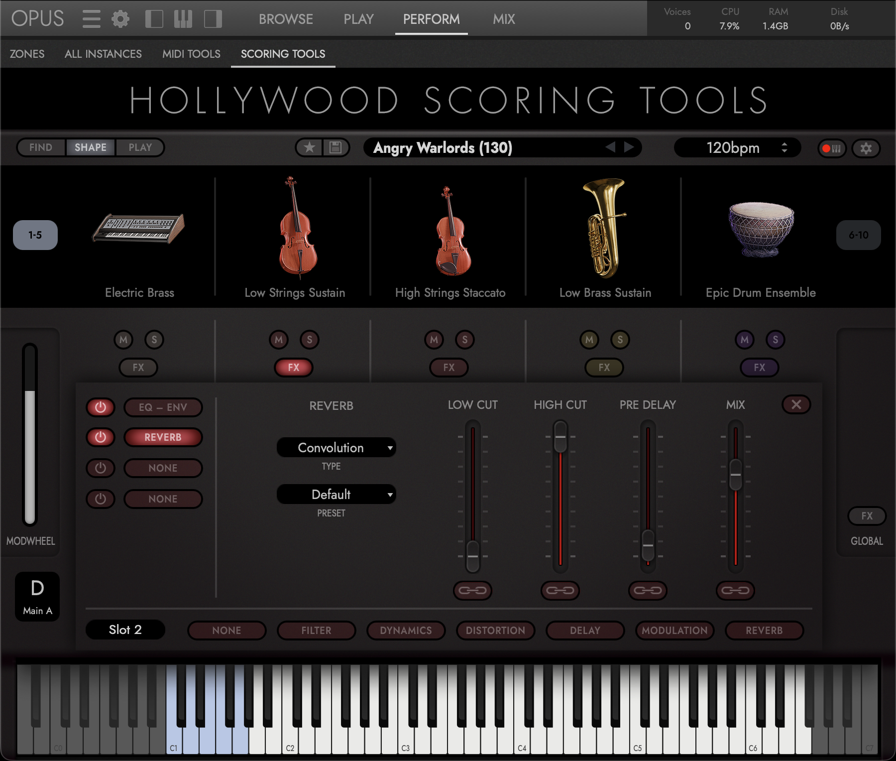 Hollywood Scoring Tools &mdash; the Shape page, a mixer with an instrument icon, faders and FX on every slot