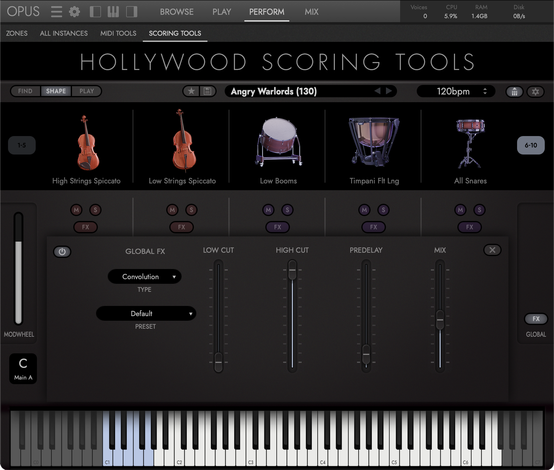 Hollywood Scoring Tools &mdash; the Shape page with the Global FX reverb panel open