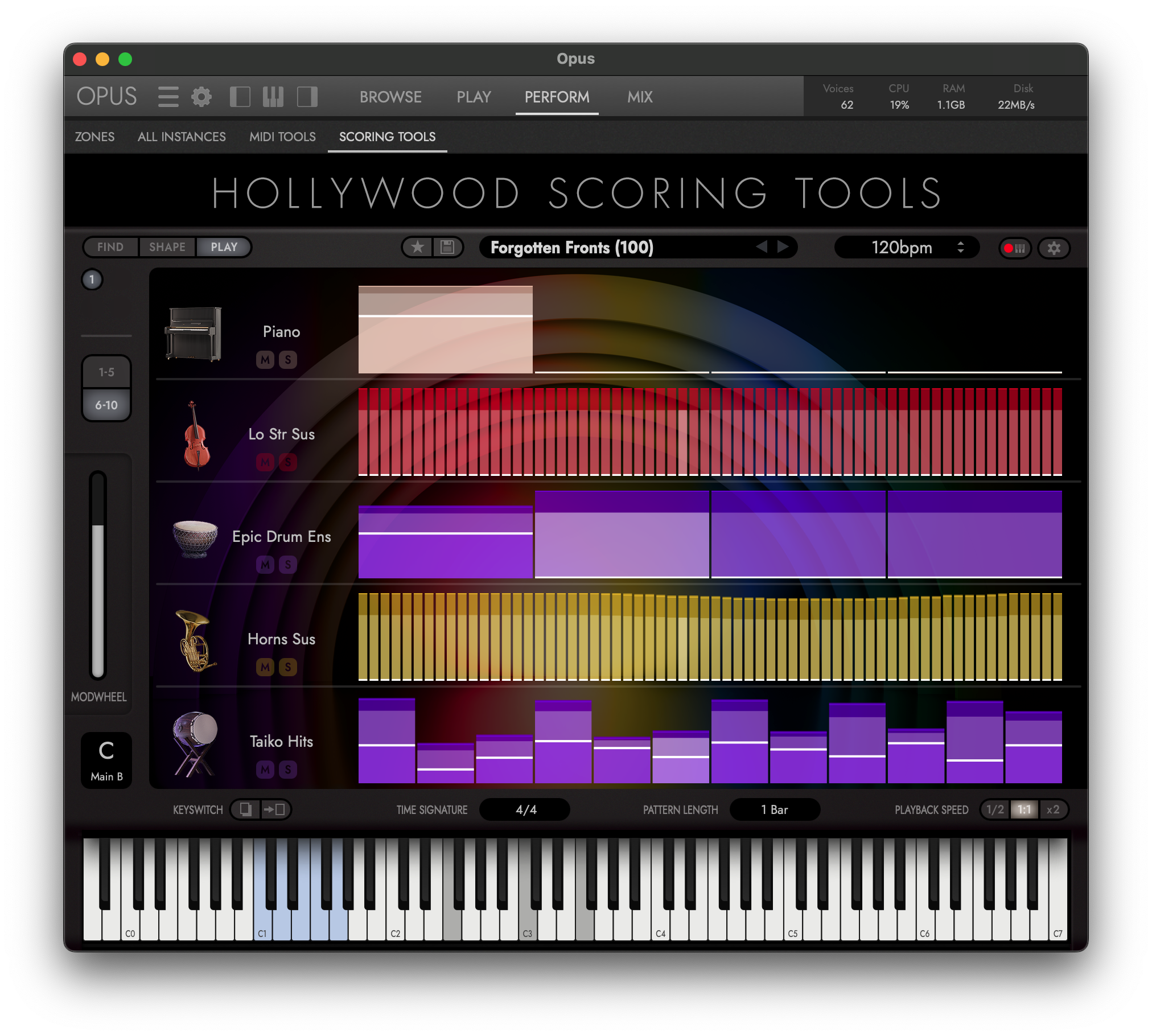 Hollywood Scoring Tools in Opus &mdash; the Play page, five instrument slots each showing its pattern as a row of coloured bars