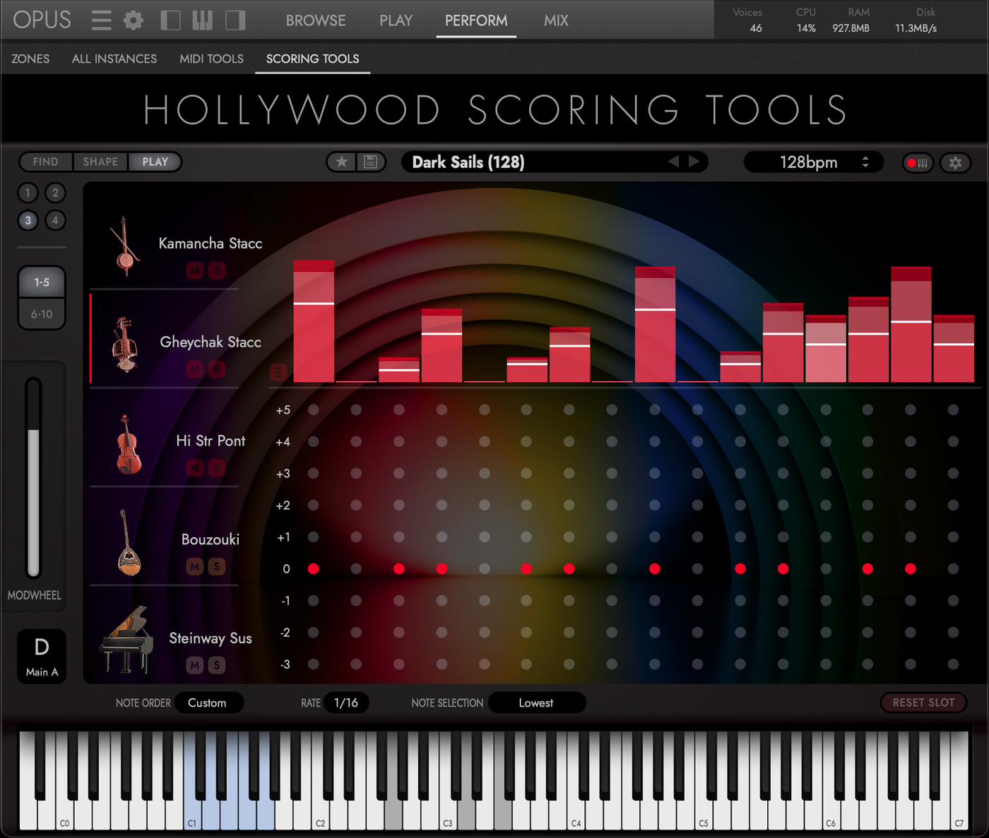 Hollywood Scoring Tools &mdash; the Play page, five instrument slots performing the Score &lsquo;Dark Sails&rsquo;